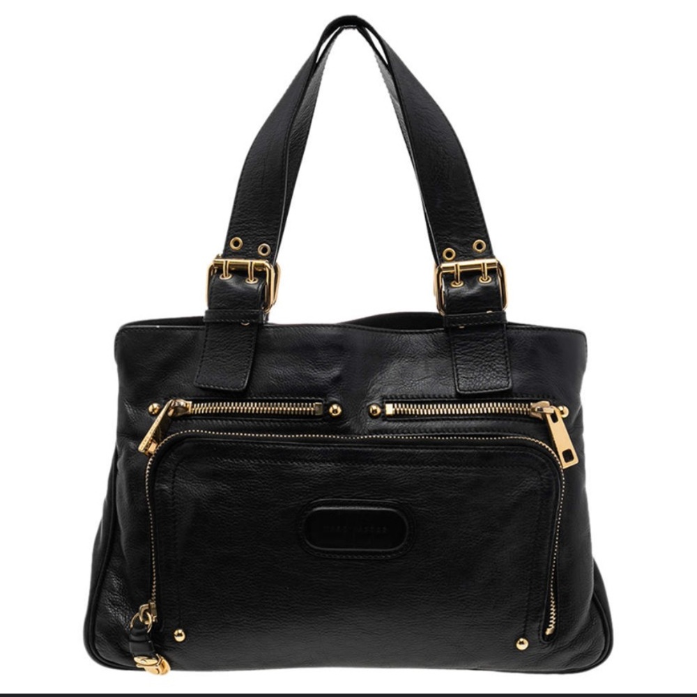 Black Leather Shoulder Bag with Gold Hardware